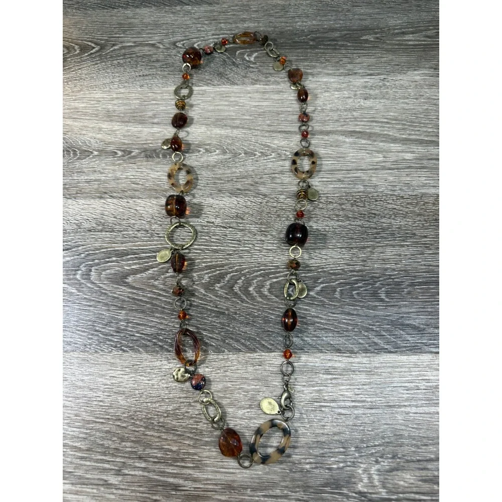 Long Beaded Station Necklace Amber Faux Tortoise Shell Brass Tone Boho 40
